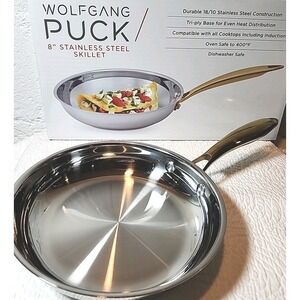 Wolfgang Puck 8" Stainless Steel Skillet with Gold Tone Handle. New In Box.